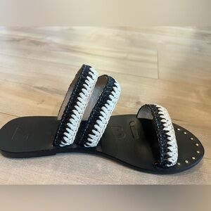 Manebi Rafia Black Slide Sandals with White Braided Trim leather bottom